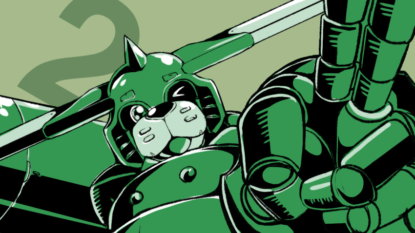 1boy commentary digimon digimon_(creature) digimon_tamers english_commentary green_theme head_wings horns limited_palette mecha mecha_focus numbered one_eye_closed robot saintgalgomon single_horn solo taqrider upper_body v wings
