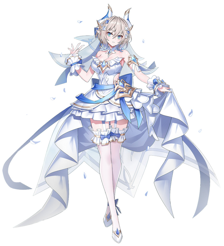 1girl back_bow blue_bow blue_eyes blue_ribbon bow breasts crystal detached_collar dragon_girl dragon_horns dress flower frilled_dress frilled_thigh_strap frilled_wrist_cuffs frills gold_trim grand_chase grey_hair hair_flower hair_ornament high_heels highres horns layered_dress medium_breasts official_alternate_costume official_art pointy_ears ribbon slit_pupils solo tachi-e thigh_strap thighhighs tiamat_(grand_chase) transparent_background tsurime veil wedding_dress white_dress white_footwear white_horns white_thighhighs wrist_cuffs