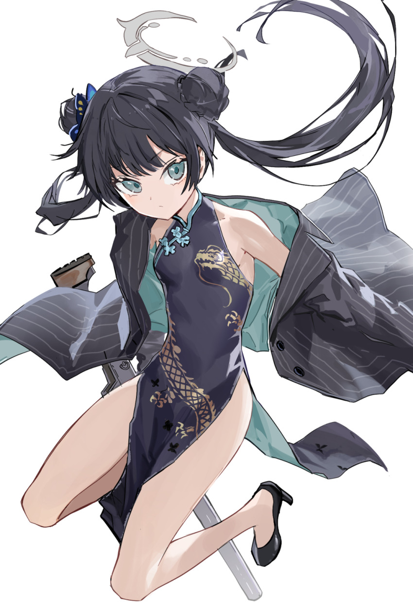 1girl :/ armpit_peek bare_legs black_dress black_footwear black_hair blue_archive braid breasts bun_with_braided_base butterfly_hair_ornament buttons china_dress chinese_clothes closed_mouth coat cs/ls06 double_bun dragon_print dress expressionless facing_viewer full_body green_eyes grey_coat grey_halo gun hair_bun hair_ornament halo helical_magazine high-capacity_magazine high_heels highres jumping kisaki_(blue_archive) looking_at_viewer open_clothes open_coat pelvic_curtain petite pumps ryoma_(rym_369) side_slit simple_background sleeveless sleeveless_dress small_breasts solo striped_coat submachine_gun suppressor vertical-striped_coat weapon white_background