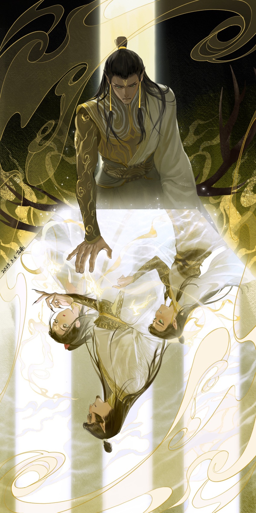 1girl 2boys absurdres age_progression artist_name black_hair chinese_clothes chinese_commentary closed_mouth dated different_reflection facial_mark forehead_mark glowing hair_pulled_back hanfu hetong_(nezha_zhi_motong_jiangshi) highres lascorpio long_hair long_sleeves looking_at_another looking_at_viewer looking_down lutong_(nezha_zhi_motong_jiangshi) male_focus multiple_boys nezha_zhi_motong_jiangshi pointy_ears reflection robe rotational_symmetry sash shen_gongbao_(nezha_zhi_motong_jiangshi) smile smoke standing tattoo topknot upside-down white_hanfu wide_sleeves yellow_hanfu yellow_trim