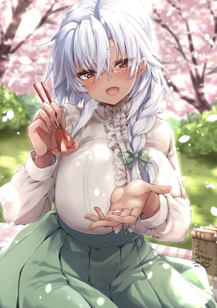 1girl admiral_(kancolle) bow braid breasts brown_eyes buttons center_frills cherry_blossoms chopsticks dark-skinned_female dark_skin dated eyelashes fang food food_art frills glasses grass green_bow green_skirt hair_between_eyes hair_bow highres holding holding_chopsticks jewelry kantai_collection large_breasts long_hair long_sleeves mashiro_yukiya musashi_(kancolle) open_mouth picnic_basket picnic_blanket pleated_skirt rectangular_eyewear ring shirt skin_fang skirt solo tako-san_wiener white_hair white_shirt