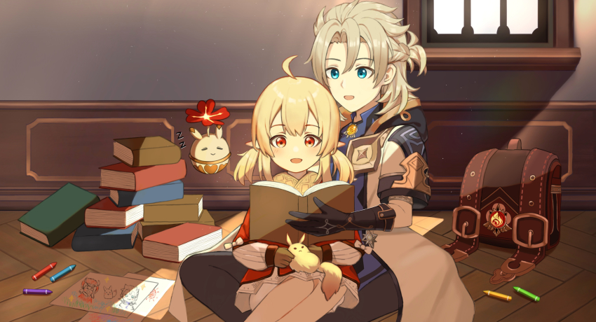 1bitheart 1girl :d absurdres ahoge albedo_(genshin_impact) backpack bag belt black_gloves bloomers blue_eyes book book_stack braid brown_gloves brown_scarf clover_print coat commentary_request cookieee crayon dodoco_(genshin_impact) doll drawing_(object) elbow_gloves floating floating_object genshin_impact gloves grey_hair hair_between_eyes highres holding holding_book holding_doll indoors jumpy_dumpty klee_(genshin_impact) light_brown_hair long_hair long_sleeves open_mouth orange_eyes paper pointy_ears randoseru reading red_coat scarf short_sleeves sidelocks single_braid sitting sitting_on_lap sitting_on_person smile underwear unworn_bag vision_(genshin_impact) window zzz