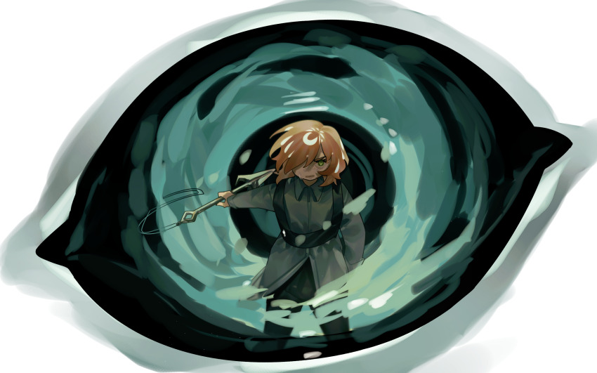 1girl angry black_pants collared_shirt cowboy_shot freckles grey_shirt highres holding_harpoon ishmael_(project_moon) ishmael_(the_pequod)_(project_moon) limbus_company pants person_in_eye project_moon shirt short_hair solo suspenders the_pallid_whale toeiki_c