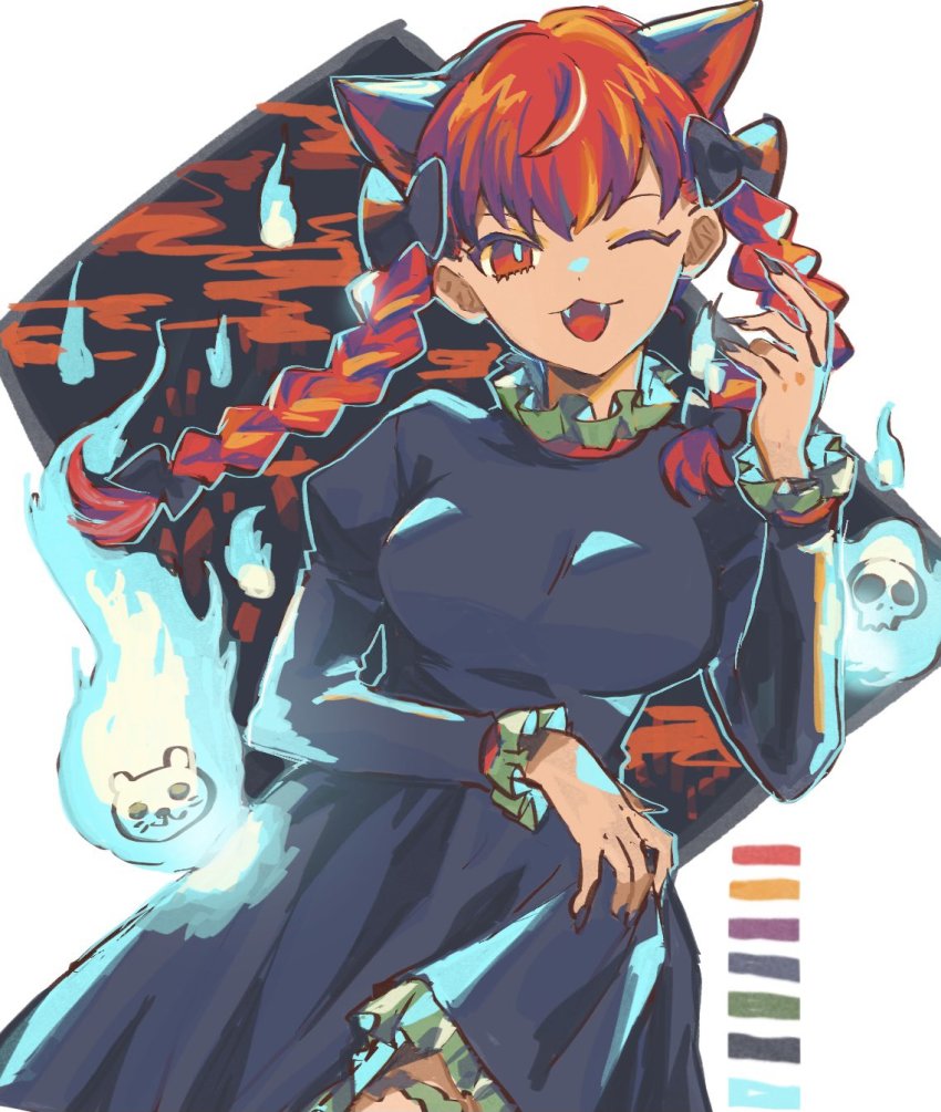 1girl ;3 ;d animal_ears black_bow black_nails blue_fire bow braid breasts bright_pupils cat_ears cat_tail cowboy_shot dress extra_ears eyebrows_hidden_by_hair fangs fire flaming_skull floating_hair floating_skull grey_dress hair_bow hair_ribbon hand_up highres hitodama juliet_sleeves kaenbyou_rin kuzumiya_yuyu long_hair long_sleeves looking_at_viewer medium_breasts multiple_tails nail_polish nekomata one_eye_closed open_mouth otter_spirit_(touhou) petticoat puffy_sleeves red_eyes red_hair ribbon skull smile solo tail touhou tress_ribbon twin_braids twintails two_tails