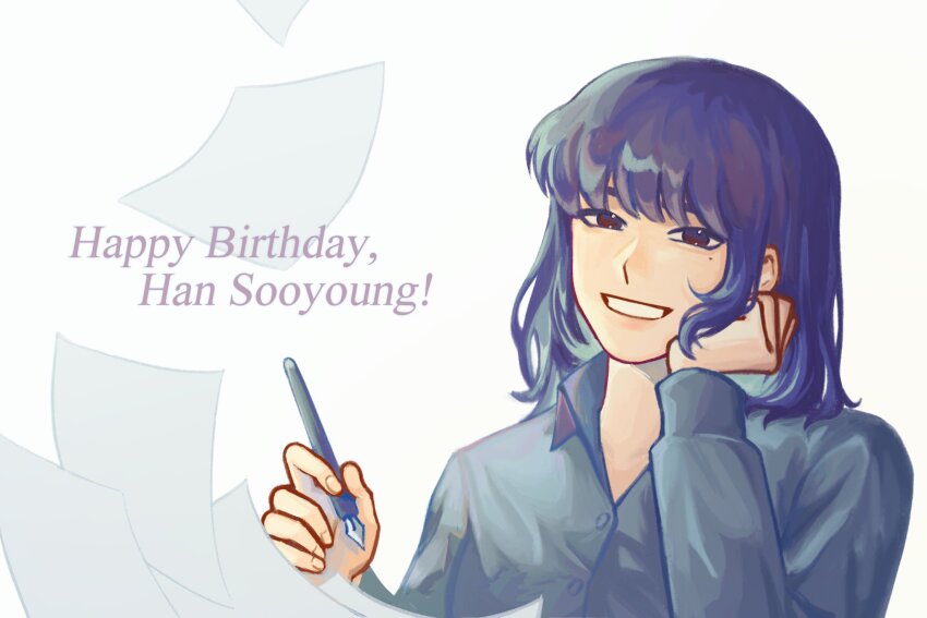 1girl black_eyes black_shirt bob_cut character_name collared_shirt dokjasepilogue falling_paper grin han_sooyoung hand_on_own_chin happy_birthday head_rest highres holding holding_pen mole mole_under_eye omniscient_reader&#039;s_viewpoint pen purple_hair shirt short_hair smile solo upper_body