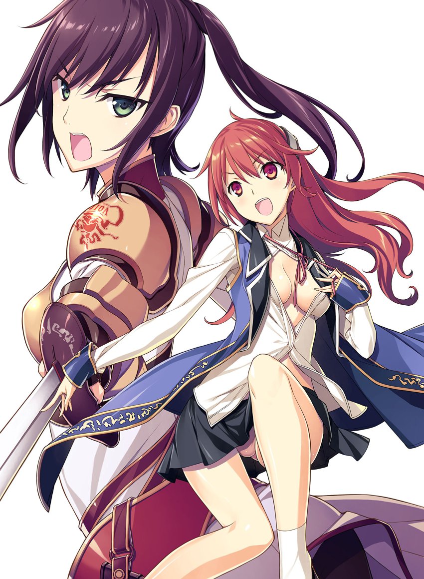 2girls absurdres armor breasts character_request cleavage green_eyes highres kenja_no_mago kikuchi_seiji knight long_hair maria_von_messina multiple_girls open_clothes open_shirt panties pantyshot ponytail purple_hair red_eyes red_hair ribbon shirt shouting skirt sword underwear weapon
