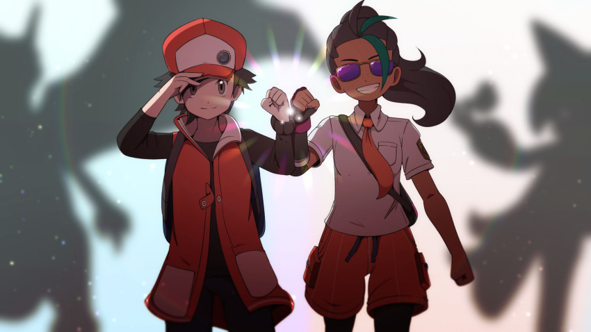 1boy 1girl baseball_cap black_hair charizard collared_shirt cowboy_shot fist_bump game_freak gen_1_pokemon green_hair hand_on_headwear hat highres itsapmseymour looking_at_viewer meowscarada multicolored_hair naranja_academy_school_uniform necktie nemona_(pokemon) nintendo official_alternate_costume orange_necktie pokemon pokemon_(creature) pokemon_masters_ex pokemon_sv ponytail purple-tinted_eyewear red_(pokemon) red_(sygna_suit)_(pokemon) school_uniform shirt sunglasses tinted_eyewear two-tone_hair white_shirt