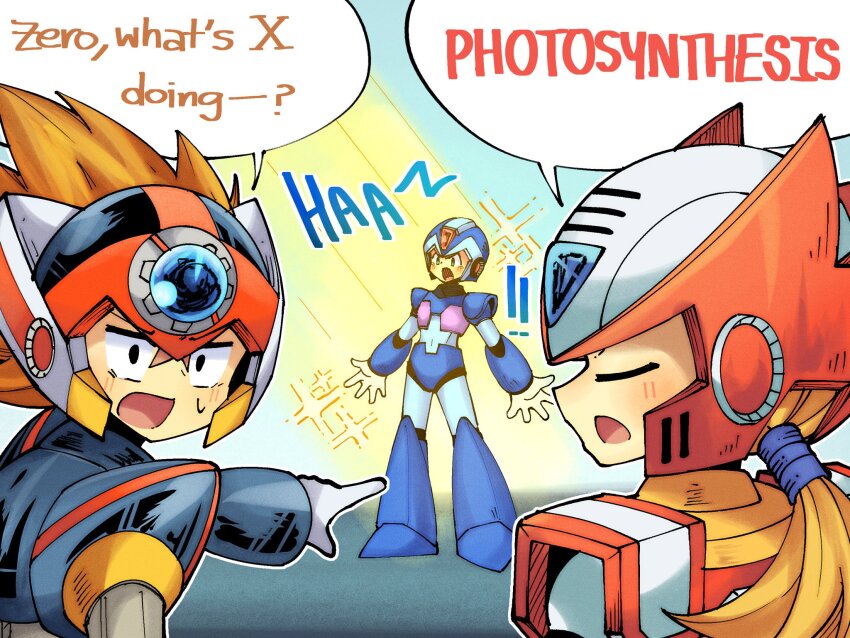 3boys armor axl_(mega_man) black_armor blonde_hair blue_armor blue_helmet brown_hair closed_eyes cross_scar english_text forehead_jewel helmet highres long_hair mega_man_(series) mega_man_x_(series) multiple_boys photosynthesis pointing red_armor red_helmet scar scar_on_face speech_bubble spiked_hair thenul x_(mega_man) zero_(mega_man)