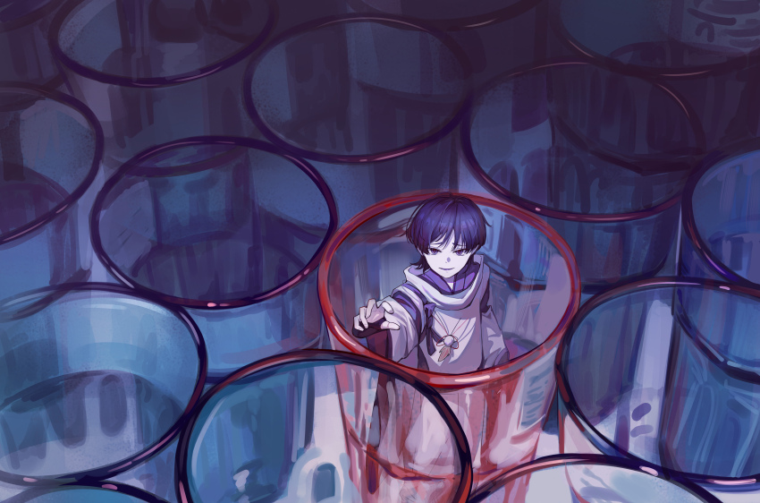 1boy absurdres armor blood blunt_ends clothing_cutout cylinder dterl feathers genshin_impact highres japanese_armor japanese_clothes kariginu kimono kote kurokote layered_clothes layered_kimono layered_sleeves long_sleeves looking_at_viewer male_focus open_hand pants parted_lips pom_pom_(clothes) purple_eyes purple_hair purple_sleeves reaching reaching_towards_viewer sash scaramouche_(genshin_impact) scaramouche_(kabukimono)_(genshin_impact) shoulder_cutout shoulder_sash smile solo standing string v-neck white_pants white_sleeves wide_sleeves yellow_feathers