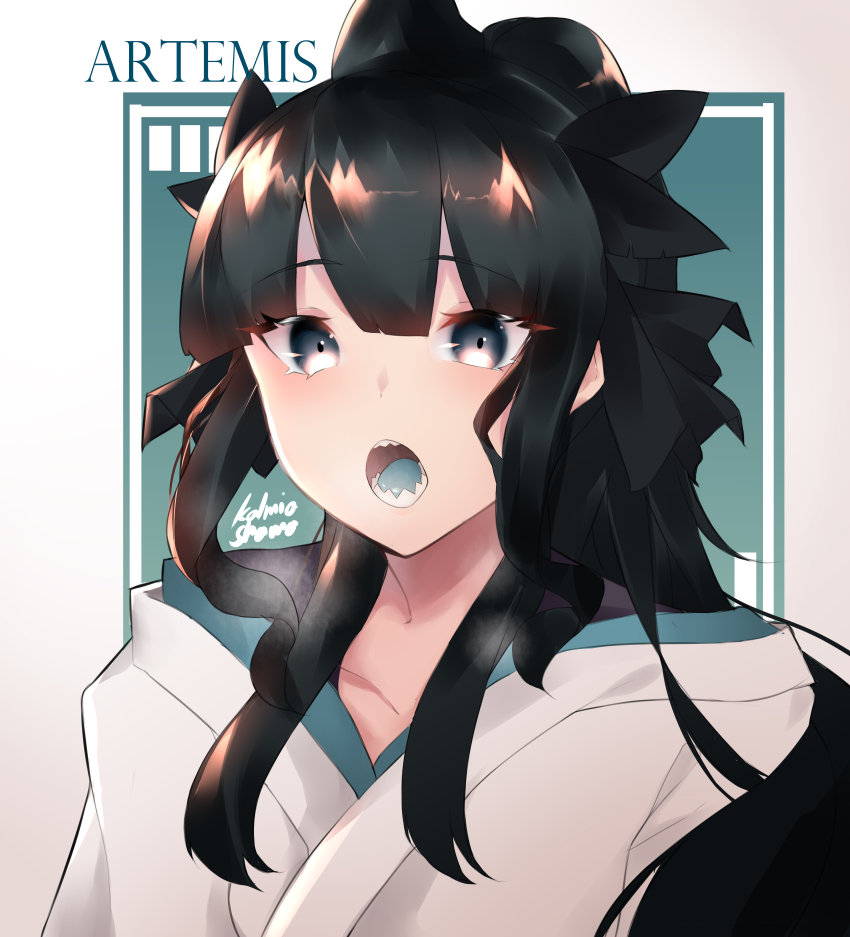 1girl absurdres artemis_of_the_blue atelier_live black_hair blue_tongue character_name colored_tongue commentary english_commentary highres hood hood_down long_hair open_mouth ponytail shark_fin shark_girl sharp_teeth solo teeth unbeller virtual_youtuber wavy_sidelocks