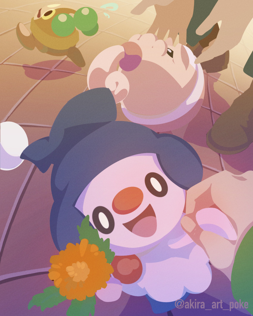 akira_(akira_art_poke) bonsly bright_pupils brown_footwear flower flying_sweatdrops game_freak gen_4_pokemon happiny happy highres holding holding_flower indoors looking_at_viewer mime_jr. nintendo open_mouth orange_flower out_of_frame pokemon pokemon_(creature) reaching running tile_floor tiles twitter_username white_pupils