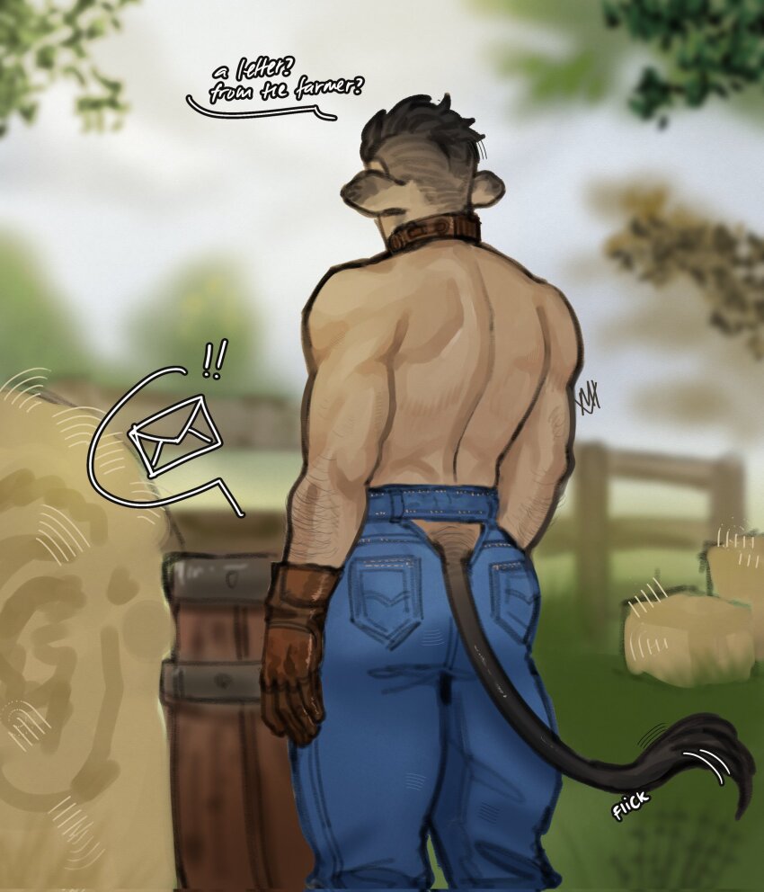 1boy animal_ears bara barrel bell call_of_duty call_of_duty:_modern_warfare_2 commentary cow_boy cow_ears cow_horns cow_tail denim english_commentary english_text facing_away farm gloves highres horns jeans kemonomimi_mode leather leather_gloves ma_ixii male_focus motion_lines muscular muscular_male neck_bell pants short_hair soap_(modern_warfare_2) solo tail thick_arm_hair topless_male undercut