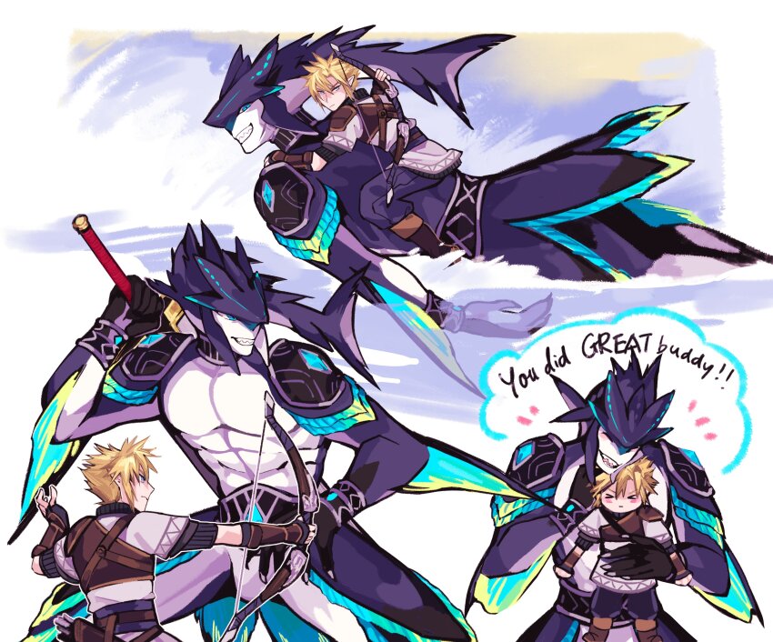 2boys absurdres alternate_universe aqua_eyes armor blonde_hair blue_skin blush bow_(weapon) buster_sword closed_eyes cloud_strife colored_skin drawing_arrow english_text final_fantasy final_fantasy_vii fingerless_gloves fins fish_boy gloves grin hair_between_eyes head_fins highres holding holding_sword holding_weapon hug hug_from_behind leather_armor male_focus multicolored_skin multiple_boys nintendo pectorals pointy_ears sharp_teeth short_hair shoulder_armor size_difference skirt smile soursoppi spiked_hair sword teeth the_legend_of_zelda two-tone_skin weapon weapon_on_back white_skirt zack_fair zora