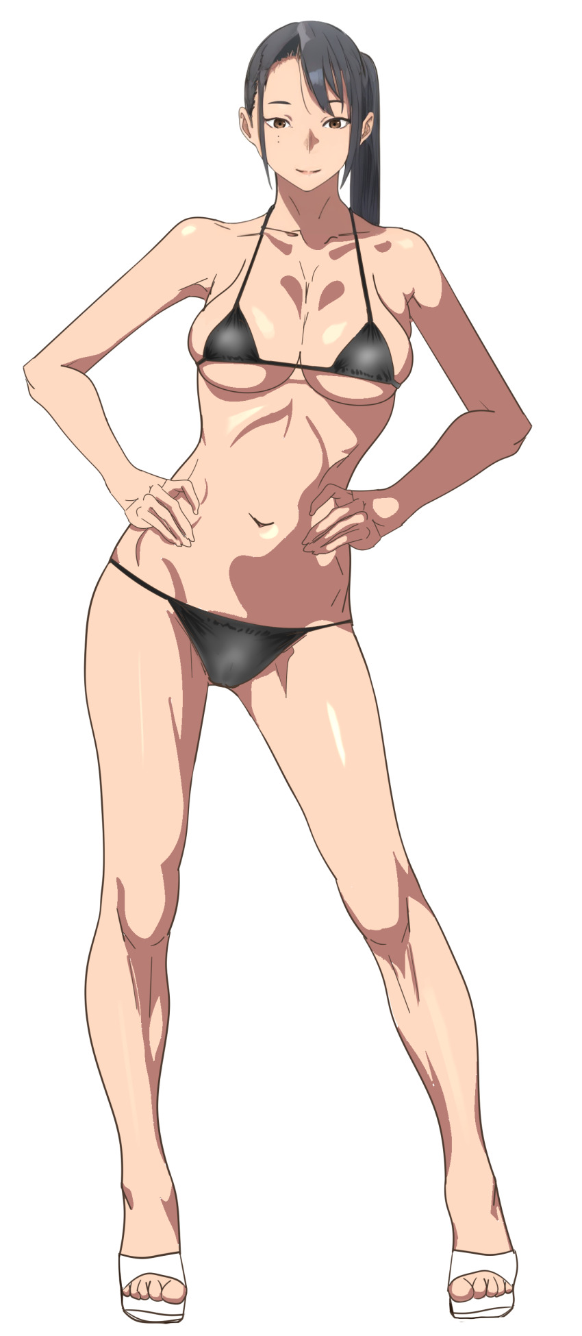 1girl absurdres anigoka bikini black_bikini black_hair breasts brown_eyes cleavage dungeon_meshi full_body hands_on_own_hips hien highres long_hair medium_breasts mole mole_under_eye navel sandals side_ponytail simple_background smile solo swimsuit white_background
