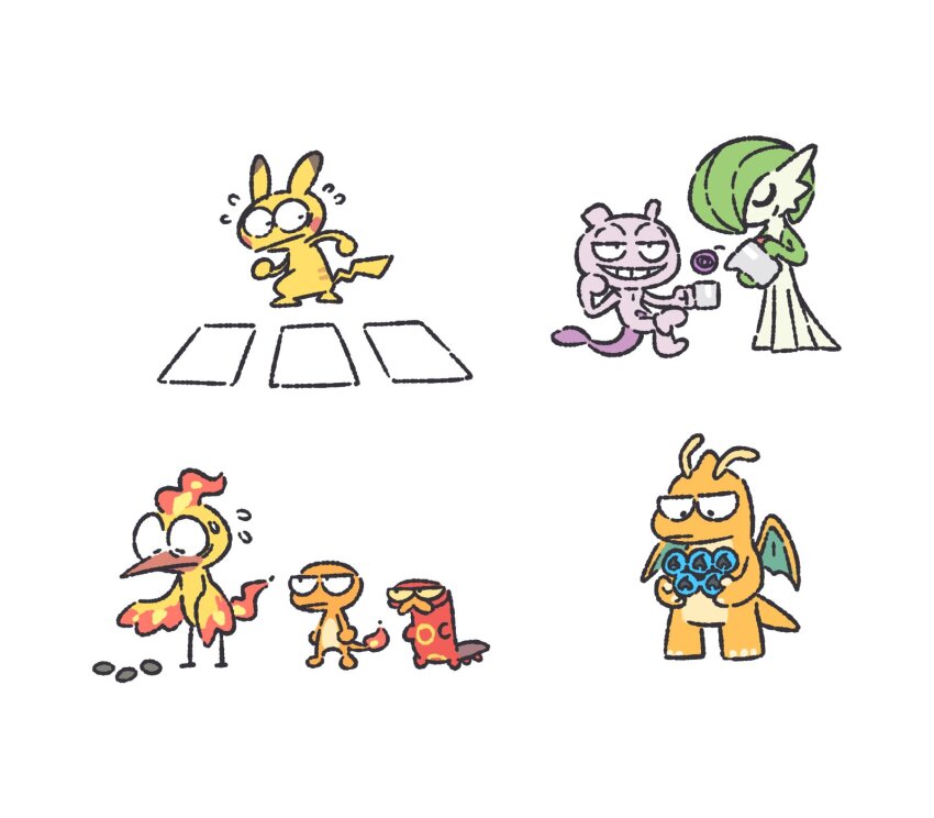 6+others animal_focus bird bob_cut bug charmander closed_eyes coin colored_skin cup dragon dragonite fiery_hair fire flame-tipped_tail full_body gardevoir gen_1_pokemon gen_3_pokemon gen_8_pokemon green_hair hair_over_one_eye highres holding holding_cup holding_teapot legendary_pokemon lizard looking_back mewtwo moltres multicolored_skin multiple_others nintendo no_humans pikachu plainwhite pokemon pokemon_(creature) pokemon_tcg pokemon_tcg_pocket pouring short_hair simple_background sizzlipede smile tail teacup teapot white_background white_skin wings
