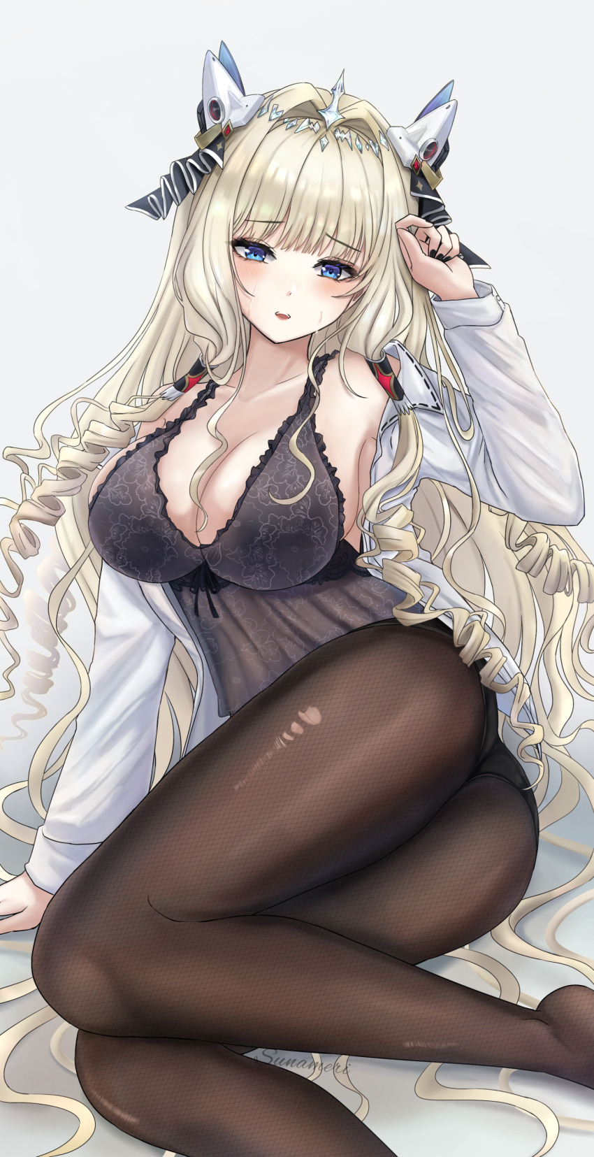 1girl absurdres alternate_costume black_nails blonde_hair blue_eyes crown_(nikke) drill_hair goddess_of_victory:_nikke grey_background highres long_hair long_sleeves looking_at_viewer nail_polish pantyhose shirt solo sunameri_(pixiv3564245) torn_clothes torn_pantyhose white_shirt
