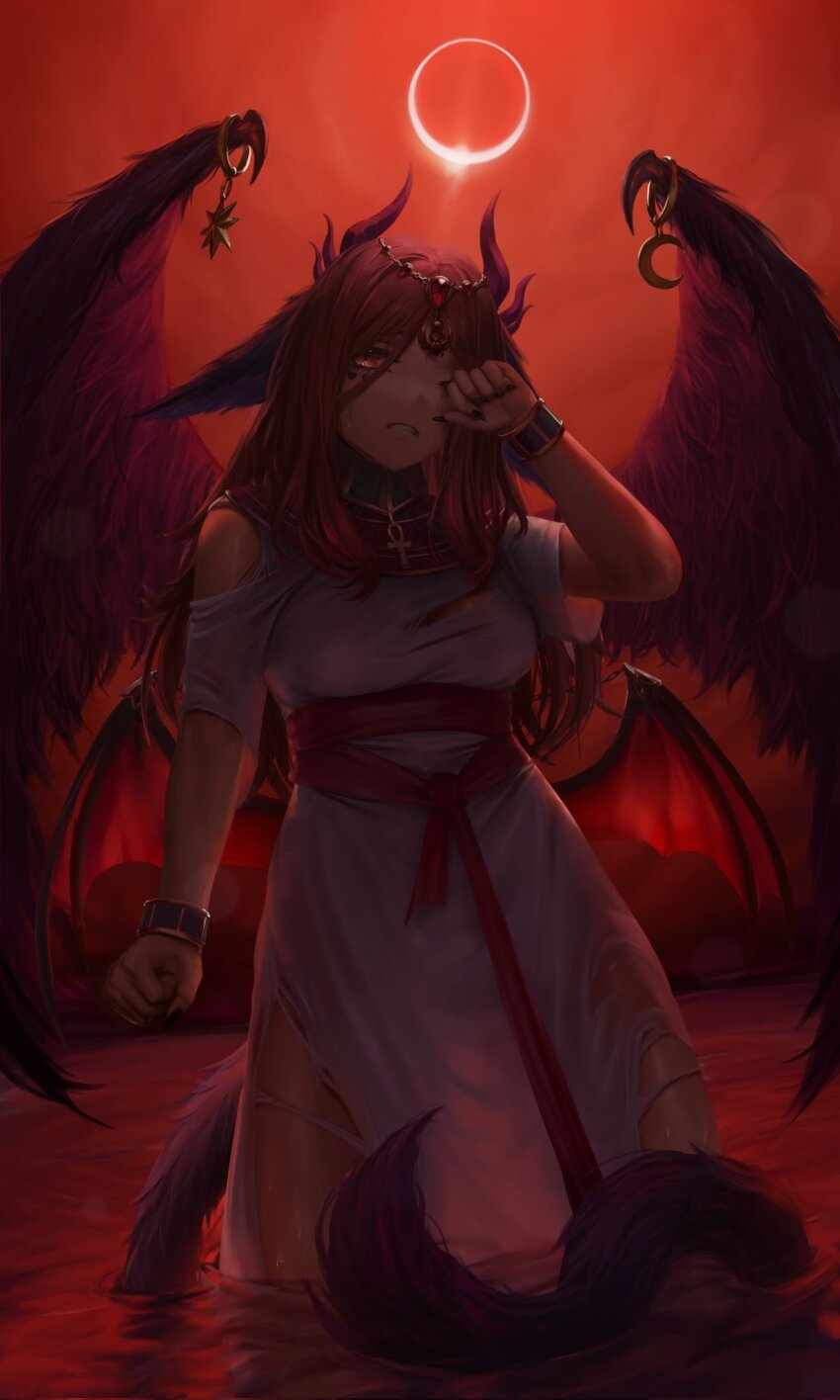 1girl animal_ears black_nails bracelet breasts clenched_hand clenched_teeth commission crescent_ornament dark-skinned_female dark_skin dragon_ears dragon_girl dragon_wings dress eclipse feathered_wings feet_out_of_frame fingernails forehead_jewel gem hair_between_eyes hand_on_own_face hashtag-only_commentary highres horns in_water indie_virtual_youtuber jewelry long_hair medium_breasts numanoan one_eye_closed parted_lips purple_wings red_eyes red_gemstone red_hair red_sash red_sky sash sharp_fingernails sky solar_eclipse solo star_ornament tail teeth torn_clothes torn_dress trickywi virtual_youtuber wet wet_clothes wet_dress white_dress wings
