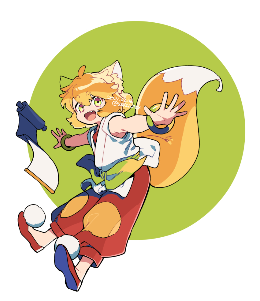 1girl animal_ears circle dated fang fox_ears fox_girl fox_tail full_body highres luo_xiaohei_zhanji medium_hair open_mouth orange_hair outstretched_arms pants red_pants red_shoes ruoshui_(the_legend_of_luoxiaohei) shirt shoes sleeveless sleeveless_shirt smile solo tail twitter_username vox