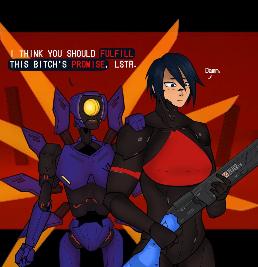 1girl android anti-materiel_rifle artificial_eye black_hair blue_eyes bocajrofstra bw-5_nitro_express double-barreled_rifle elephant_gun elster_(signalis) energy_wings english_text gun highres i_think_we&#039;re_gonna_have_to_kill_this_guy_steven_(meme) mechanical_arms mechanical_eye mechanical_legs meme multiple-barrel_gun over-and-under-barreled_rifle rifle robot sad signalis sniper_rifle ultrakill v1_(ultrakill) weapon wings yellow_eyes