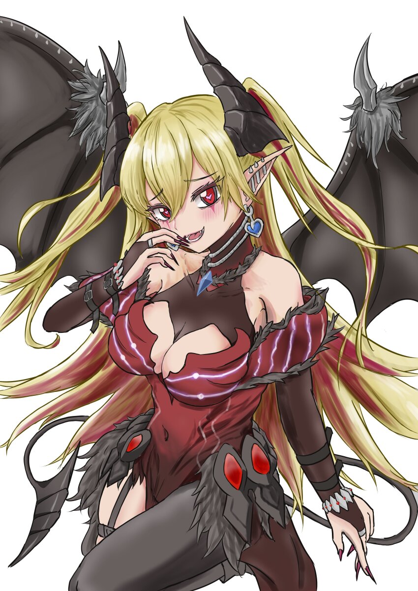 1girl absurdres blonde_hair breasts cleavage cleavage_cutout clothing_cutout colored_inner_hair covered_navel demon_girl demon_horns demon_tail demon_wings dress duel_monster ear_piercing gt_majoyan heart heart-shaped_pupils highres horns lacrima_the_crimson_tears looking_at_viewer multicolored_hair piercing pointy_ears red_dress red_eyes red_hair smile solo strapless strapless_dress symbol-shaped_pupils tail twintails white_background wings yu-gi-oh!