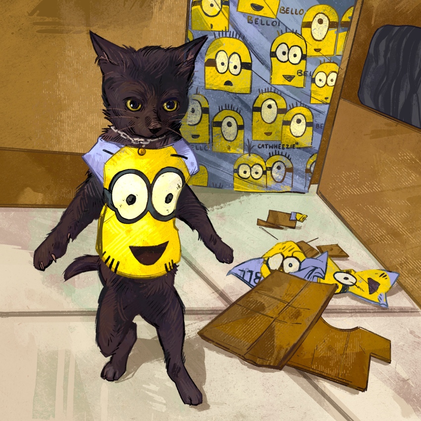 absurdres animal animal_focus baby_animal black_cat cardboard cat catwheezie chain clothed_animal commentary cosplay despicable_me english_commentary highres indoors kitten minion_(despicable_me) minion_(despicable_me)_(cosplay) no_humans original photo-referenced shirt solo standing tail yellow_eyes