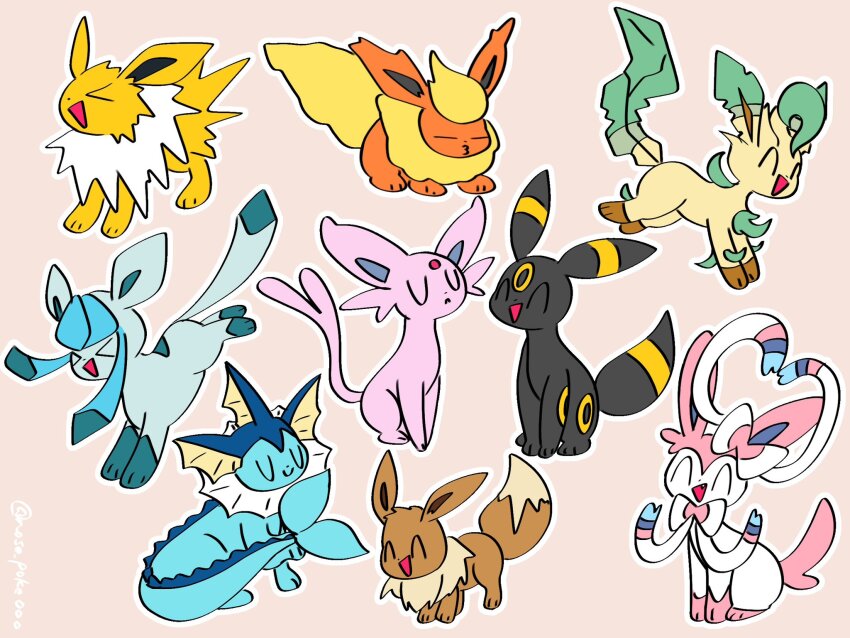 &gt;_&lt; :d animal_focus animal_hands black_fur blue_fur bow brown_fur closed_eyes eevee espeon facial_mark fang fins fish_tail flareon forehead_jewel forehead_mark full_body gen_1_pokemon gen_2_pokemon gen_4_pokemon gen_6_pokemon glaceon gotcha! green_fur head_fins highres jolteon leaf leafeon looking_at_viewer neck_fur nintendo no_humans nose_poke000 open_mouth orange_background orange_fur pink_fur pokemon pokemon_(creature) purple_fur sidelocks simple_background sitting smile spiked_tail standing sylveon tail u_u umbreon vaporeon white_fur yellow_fur
