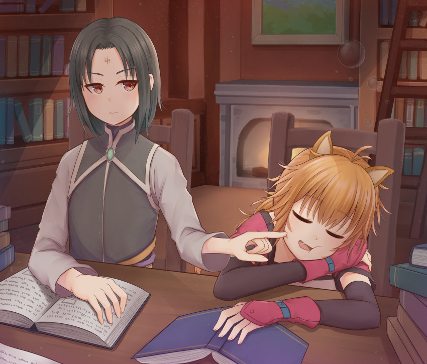 1boy 1girl absurdres animal_ears atorie book cat cat_ears cat_girl cheek_poking commission commissioner_upload fire_emblem fire_emblem:_path_of_radiance fire_emblem:_radiant_dawn fireplace highres long_hair lyre_(fire_emblem) nintendo open_book orange_hair pixiv_commission poking reading red_eyes sleeping soren_(fire_emblem) soren_(radiant_confidant)_(fire_emblem) study_(room)