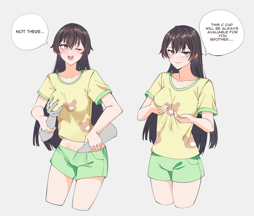 1boy 1girl ;d absurdres assertive_female breasts brown_hair english_text fingering fingering_from_behind gar32 grabbing_another&#039;s_breast grabbing_own_breast green_shorts grin groping guided_breast_grab guiding_hand hair_between_eyes hair_down hand_in_another&#039;s_clothes hand_in_another&#039;s_panties hand_under_clothes highres large_breasts long_hair midriff naughty_face one_eye_closed open_mouth print_shirt purple_eyes shirt short_shorts shorts sleepwear smile smug solo_focus speech_bubble suou_yuki thighs tokidoki_bosotto_roshia-go_de_dereru_tonari_no_alya-san very_long_hair yellow_shirt