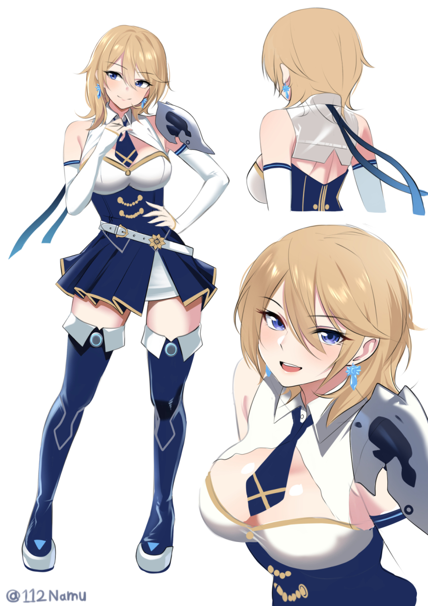 1girl :d armor bare_shoulders blonde_hair blue_boots blue_eyes blue_necktie blue_skirt boots breasts detached_sleeves earrings from_behind high-waist_skirt highres jewelry long_sleeves looking_at_viewer looking_to_the_side lyncidia_(namu_(112namu)) medium_breasts miniskirt multiple_views namu_(112namu) necktie open_mouth original pauldrons pleated_skirt short_hair shoulder_armor simple_background skirt sleeves_past_wrists smile standing thigh_boots upper_body white_background