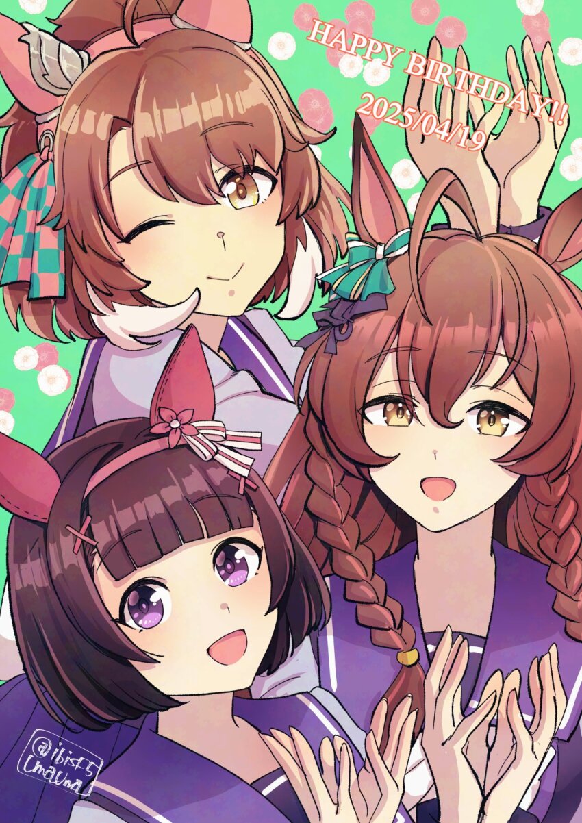3girls ahoge animal_ears birthday_connection bow braid brown_eyes brown_hair closed_mouth dantsu_flame_(umamusume) dated ear_bow ear_covers hair_ornament hairband hands_up happy_birthday hi_(ibisf5umauma) highres horse_ears long_hair mejiro_bright_(umamusume) multicolored_hair multiple_girls nishino_flower_(umamusume) one_eye_closed open_mouth purple_eyes purple_shirt sailor_collar school_uniform shirt short_hair smile streaked_hair tracen_school_uniform twitter_username umamusume x_hair_ornament yellow_eyes