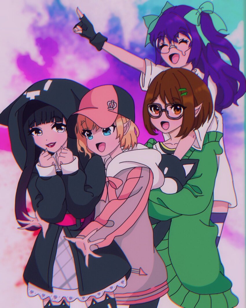 4girls animal_ears animal_hood baseball_cap belt bito_raimu black_hair black_hoodie blonde_hair blunt_bangs brown_hair cat_hood closed_eyes fake_animal_ears glasses green_jacket green_ribbon grey_eyes hair_ribbon hat highres hime_cut holding holding_stuffed_toy hood hoodie jacket joshuathefruit lipstick makeup misaki_shiki multiple_girls nyantan open_mouth pointy_ears purple_hair red_lips ribbon round_eyewear sakurane_shoka shin_subarashiki_kono_sekai short_hair smile striped_clothes striped_thighhighs stuffed_toy subarashiki_kono_sekai thighhighs twintails usui_nagi