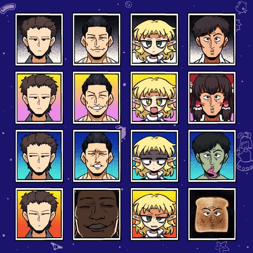 +_+ 2girls 3boys :3 akanuma amerika_zarigani bags_under_eyes black_hair blonde_hair bread_slice brown_hair closed_mouth colored_skin commentary_request cookie_(touhou) cosplay multiple_expressions fake_hisui_(cookie) food green_eyes green_skin hakurei_reimu hakurei_reimu_(cosplay) hide_(acceed) highres joker_(cookie) kanna_(cookie) kanna_(cookie)_(cosplay) looking_at_viewer majime-kun manatsu_no_yo_no_inmu mizuhashi_parsee multiple_boys multiple_girls omori open_mouth pointy_ears reisen_udongein_inaba shaded_face short_hair smile smiley_face star_(symbol) sunglasses suzu_(cookie) toast touhou ufo v yuusaku_(inmu)