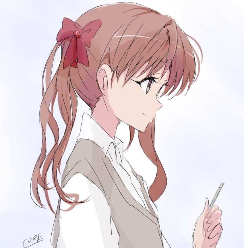 1girl bow brown_eyes brown_hair brown_sweater_vest closed_mouth collared_shirt commentary_request core_(mayomayo) from_side hair_bow holding holding_needle long_hair needle school_uniform shirai_kuroko shirt short_sleeves signature smile solo summer_uniform sweater_vest throwing_needles toaru_kagaku_no_railgun toaru_majutsu_no_index tokiwadai_school_uniform twintails v-neck white_shirt