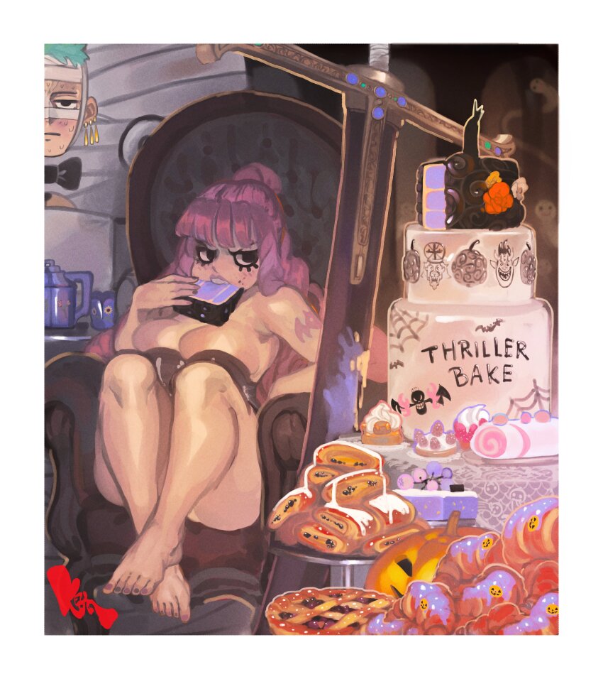 1girl absalom absurdres armchair bandaged_head bandages barefoot bat_tattoo biting black_eyes black_leotard black_nails blunt_bangs breasts cake cake_slice cameo chair cleavage cupcake devil_fruit drill_hair earrings eating expressionless fingernails food food_in_mouth food_on_face fruit gecko_moria ghost green_hair half-closed_eyes highres holding holding_cake holding_food indoors jack-o&#039;-lantern jewelry keziedra kumacy large_breasts layer_cake leotard light_blush long_eyelashes long_hair looking_at_viewer looking_to_the_side lower_eyelashes_only multicolored_nails multiple_earrings nail_polish on_chair one_piece pastry perona pie pink_hair pink_nails postcard pumpkin roronoa_zoro short_hair shoulder_tattoo sitting solid_circle_pupils solo_focus strapless strapless_leotard strawberry sword tattoo thick_eyelashes v-shaped_eyebrows weapon yoru_(sword)