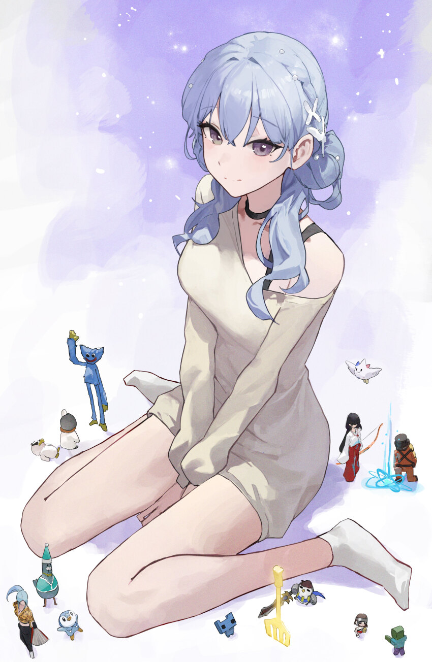 1girl absurdres black_choker blue_hair character_request choker dress garen_(league_of_legends) grey_eyes hair_behind_ear highres huggy_wuggy ine_(vtuber) long_hair looking_at_viewer mac_star poppy_playtime single_bare_shoulder sitting socks strap waktaverse wariza white_socks worker_(lethal_company) zombie_(minecraft)