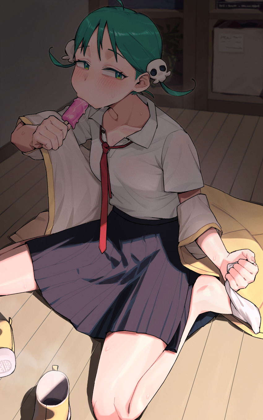 1girl absurdres black_skirt blush collared_shirt food green_eyes green_hair hair_ornament highres holding holding_food holding_popsicle necktie on_floor original pleated_skirt popsicle red_necktie removing_sock shirt shoes short_twintails sitting skirt skull_hair_ornament socks solo sweat twintails unworn_shoes white_shirt white_socks xue_jiang_(simoncry) yellow_shoes