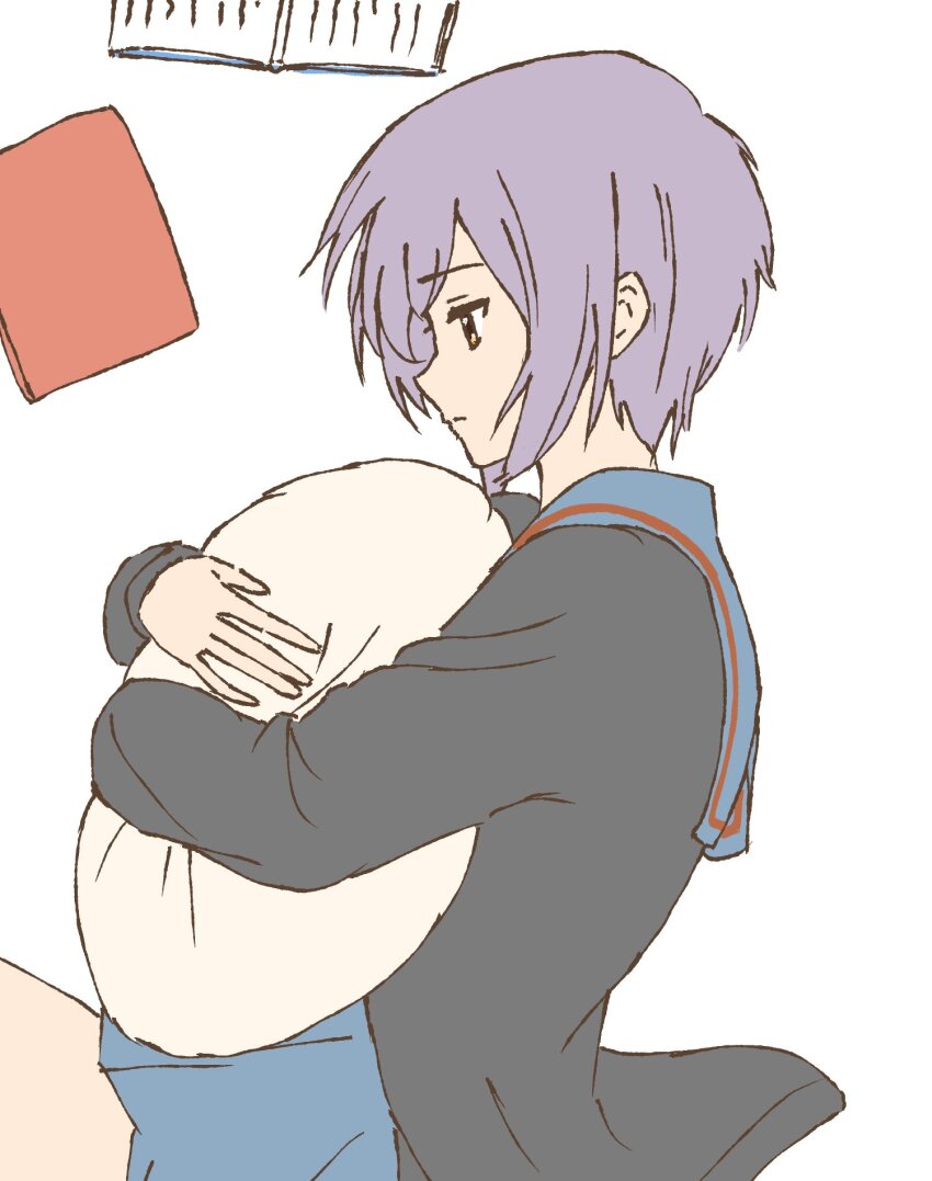 black_cardigan blue_sailor_collar blue_skirt book cardigan highres holding holding_pillow hugging_object kita_high_school_uniform long_sleeves lying nagato_yuki on_side open_book pillow purple_hair sailor_collar school_uniform short_hair simple_background skirt suzumiya_haruhi_no_yuuutsu waka_849 white_background winter_uniform yellow_eyes