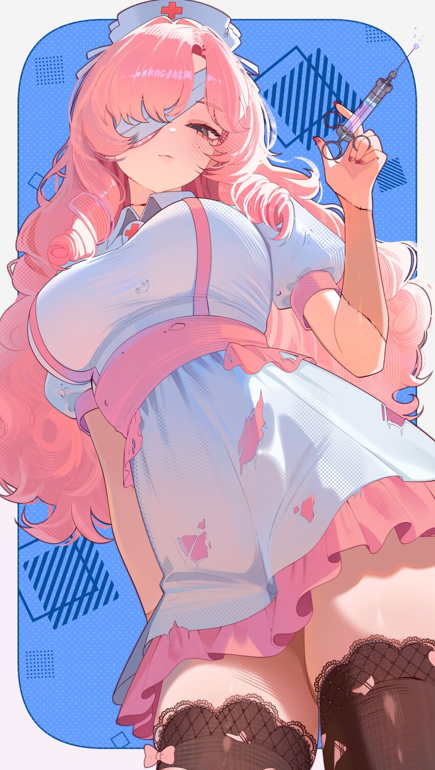 1girl absurdres bandaged_head bandages black_eyes black_thighhighs border breasts character_name closed_mouth collared_dress commentary commission cowboy_shot cross dress drill_hair eyepatch fingernails from_below hat highres holding holding_syringe indie_virtual_youtuber kagome_(vtuber) lace lace-trimmed_thighhighs lace_trim large_breasts long_hair looking_at_viewer looking_down mole mole_on_cheek ms._tsu nail_polish nurse nurse_cap one_eye_covered outside_border pink_hair puffy_short_sleeves puffy_sleeves red_cross red_nails second-party_source short_sleeves solo standing stitched_arm stitched_neck stitches symbol-only_commentary syringe thighhighs torn_clothes torn_dress torn_thighhighs twin_drills very_long_hair virtual_youtuber white_border white_dress white_hat zombie