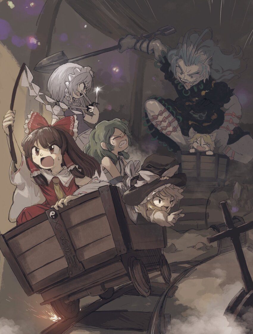 6+girls alternate_size animal_ears apron ascot black_dress black_hat blonde_hair bow braid brown_hair clenched_teeth closed_eyes commentary_request detached_sleeves dress fox_ears frilled_bow frilled_hair_tubes frills frog_hair_ornament giant giantess gohei green_hair hair_bow hair_ornament hair_tubes hakurei_reimu hat hat_bow highres himemushi_momoyo holding holding_gohei holding_knife holding_shovel izayoi_sakuya kirisame_marisa knife kochiya_sanae kudamaki_tsukasa long_hair maid maid_headdress minecart multiple_girls one_eye_closed open_mouth railroad_tracks red_bow red_eyes red_skirt redrawn ribbon-trimmed_sleeves ribbon_trim shovel skirt skirt_set smile sparks sweatdrop teeth touhou twin_braids waist_apron witch_hat yamame_jinja yellow_ascot