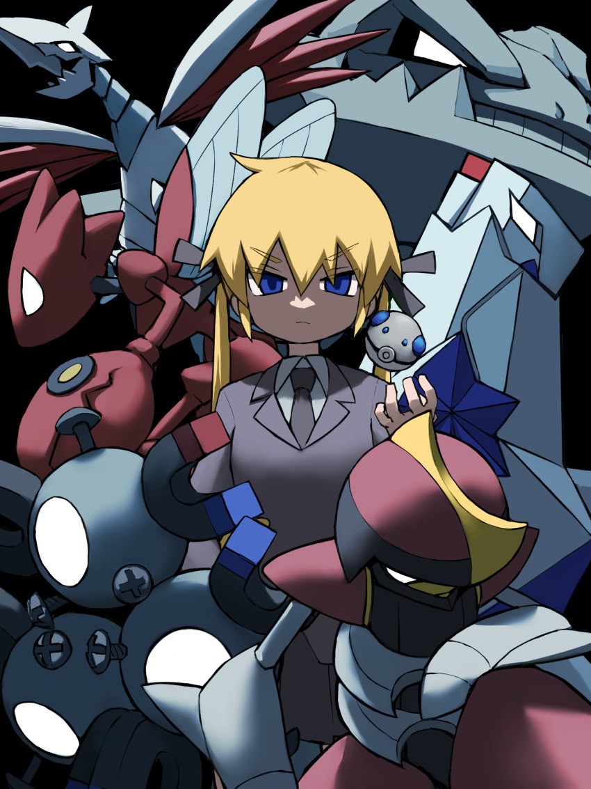 1girl bisharp black_neckwear black_ribbon blonde_hair crossover duraludon gen_1_pokemon gen_2_pokemon gen_5_pokemon gen_8_pokemon hair_ribbon highres kill_me_baby long_hair looking_at_viewer magneton necktie nintendo pokemon pokemon_(creature) ribbon scizor skarmory sonya_(kill_me_baby) steelix twintails yachima_tana