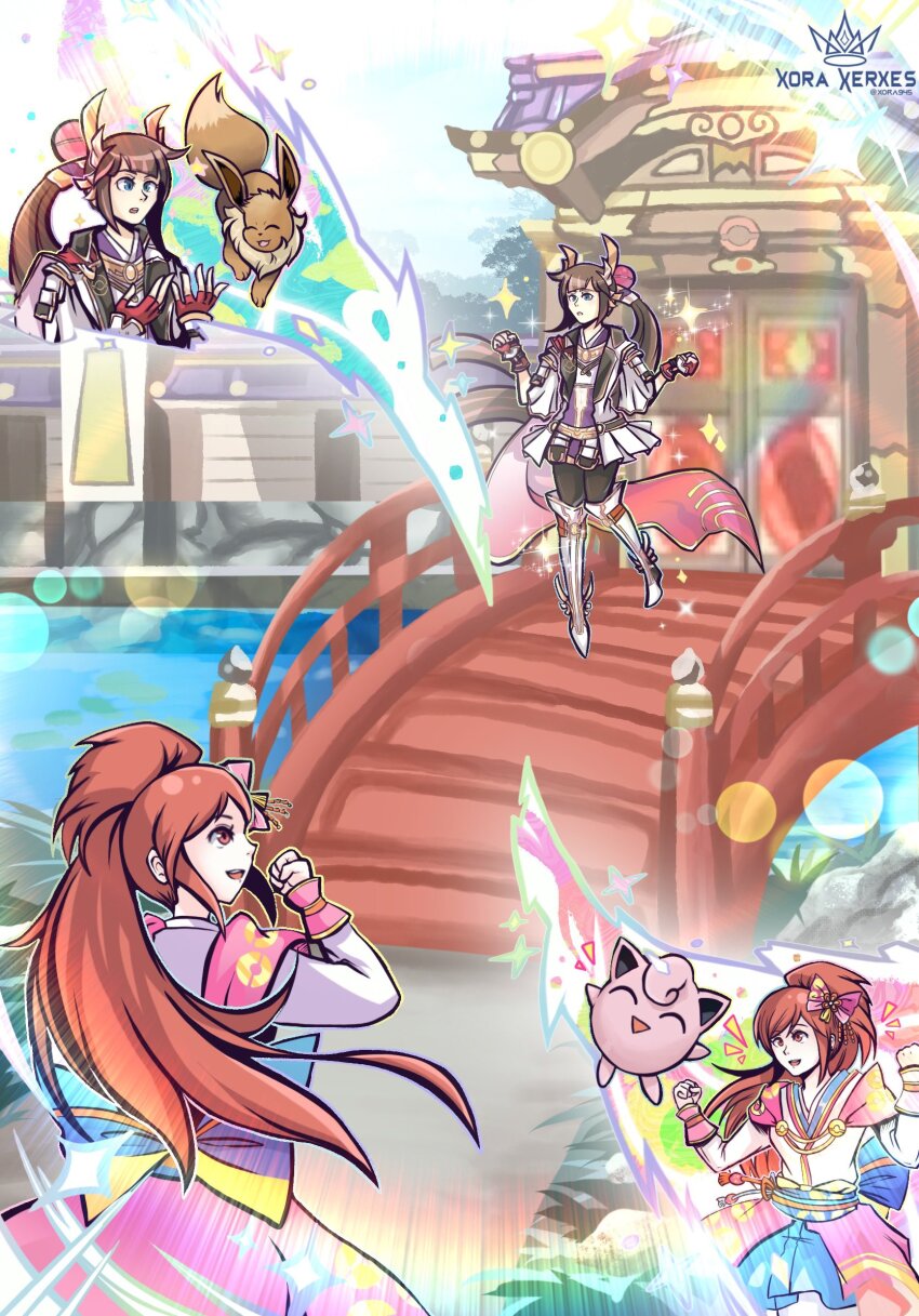 arm_up armor armored_boots black_thighhighs blue_eyes blunt_bangs boots bridge brown_hair cape castle creatures_(company) eevee game_freak gen_1_pokemon gloves hair_ornament hair_ribbon heroine_(pokemon_conquest) highres japanese_clothes jigglypuff kimono kimono_skirt long_bangs long_hair multicolored_hair nintendo obi oichi oichi_(pokemon_conquest) oichi_(sengoku_musou) pokemon pokemon_conquest ponytail red_eyes red_hair ribbon sash sengoku_musou smile sparkle streaked_hair thigh_boots thighhighs very_long_hair