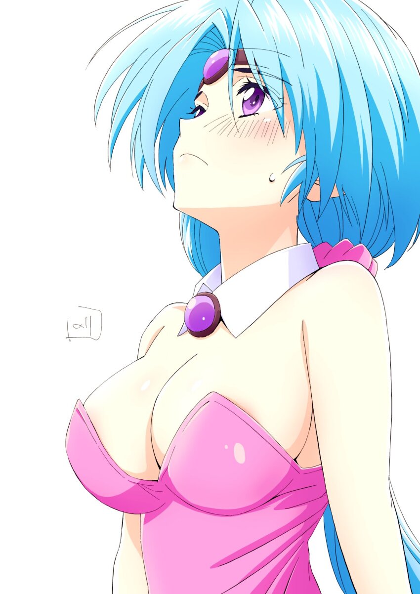 1girl aqua_hair breasts circlet cleavage closed_mouth dress haou_taikei_ryuu_knight highres large_breasts long_hair nori_(norimakigumo) paffy_pafuricia pink_dress purple_eyes simple_background solo very_long_hair white_background