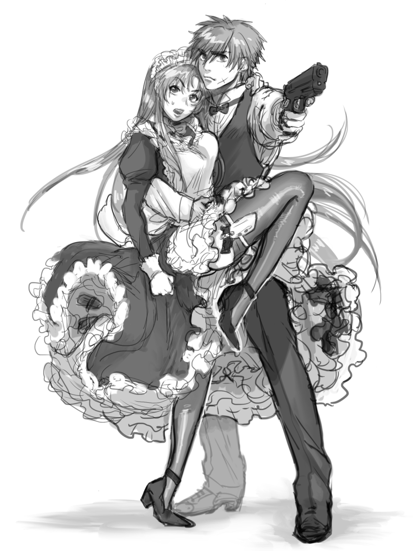 1boy 1girl alternate_costume apron arm_around_neck arm_around_waist chidori_kaname collared_shirt couple dress dress_shirt enmaided floating_hair frilled_dress frills full_body full_metal_panic! futomashi greyscale gun highres holding holding_gun holding_weapon holster long_dress long_hair long_sleeves looking_at_viewer maid maid_headdress monochrome open_mouth pants sagara_sousuke shirt simple_background sketch standing standing_on_one_leg sweatdrop thigh_holster thighhighs very_long_hair vest weapon white_background wing_collar