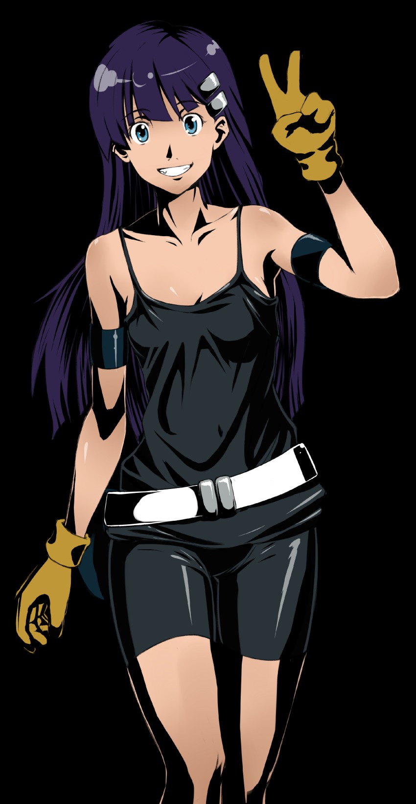 1girl absurdres bike_shorts blue_eyes gloves highres kiyal_bachika long_hair looking_at_viewer purple_hair smile tengen_toppa_gurren_lagann