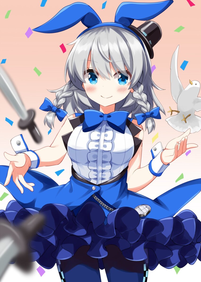 1girl animal_ear_hairband animal_ears bare_shoulders bird black_hat blue_bow blue_bowtie blue_eyes blue_hairband blue_pantyhose blue_skirt blush bow bowtie breasts center_frills closed_mouth commentary_request confetti cowboy_shot fake_animal_ears frilled_skirt frills grey_hair hair_bow hairband hat highres izayoi_sakuya izayoi_sakuya_(horned_rabbit_silver_juggler) juggling knife looking_at_viewer medium_breasts mini_hat mini_top_hat pantyhose pigeon pink_background rabbit_ear_hairband rabbit_ears ruu_(tksymkw) shirt short_hair skirt sleeveless sleeveless_shirt smile solo top_hat touhou touhou_lostword white_shirt wrist_cuffs