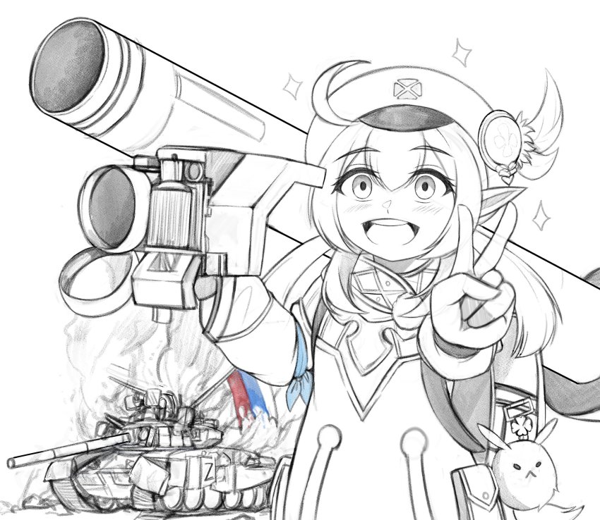 1girl ahoge newsboy_cap commentary_request fgm-148_javelin fire genshin_impact hair_between_eyes hat highres holding holding_rocket_launcher holding_weapon kkgusxo klee_(genshin_impact) long_hair long_sleeves looking_at_viewer low_twintails man-portable_anti-tank_systems military military_vehicle missile_launcher motor_vehicle open_mouth partially_colored pointy_ears rocket_launcher russian_flag sidelocks sketch solo star_(symbol) tank teeth twintails upper_body upper_teeth_only v weapon z_(russian_symbol) z_(symbol)