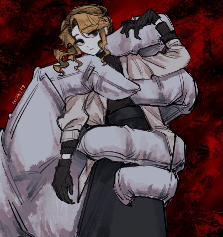 1boy 1girl alice_deross beijingban18388 black_eyes black_gloves black_shirt black_skirt blonde_hair chinese_commentary closed_mouth coat commentary_request curtained_hair empty_eyes expressionless gloves highres holding holding_mini_person identity_v long_hair long_skirt long_sleeves mini_person open_clothes open_coat orpheus_(identity_v) parted_bangs shirt skirt two-tone_background white_coat white_gloves