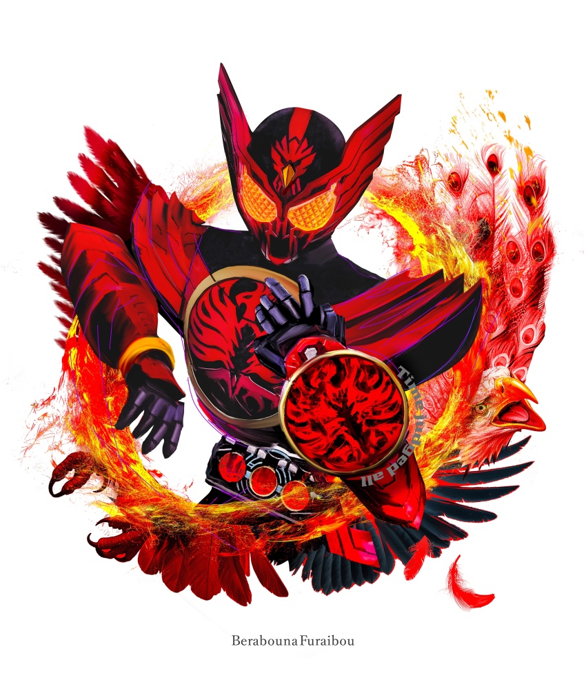1boy absurdres armor bird black_bodysuit bodysuit feathers helmet highres kamen_rider kamen_rider_ooo kamen_rider_ooo_(series) male_focus obakelope0530 ooo_driver orange_hair power_armor red_armor red_feathers red_helmet red_theme shield simple_background solo white_background
