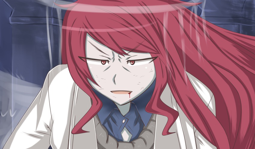 1girl angel angel_wings annoyed blood collared_shirt female_focus gianvalgian highres lab_coat long_hair looking_at_viewer mon-musu_quest! open_mouth pale_skin promestein red_eyes red_hair shirt sidelocks solo wings
