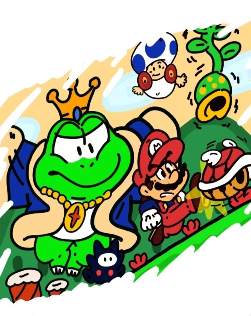 3boys brown_hair crown facial_hair food full_body hat highres kicking koopa_shell mario mario_(series) mountain multiple_boys mustache ninji_(mario) nintendo overalls running smile super_mario_bros._2 toad_(mario) vegetable vine_(mario) wart_(mario)